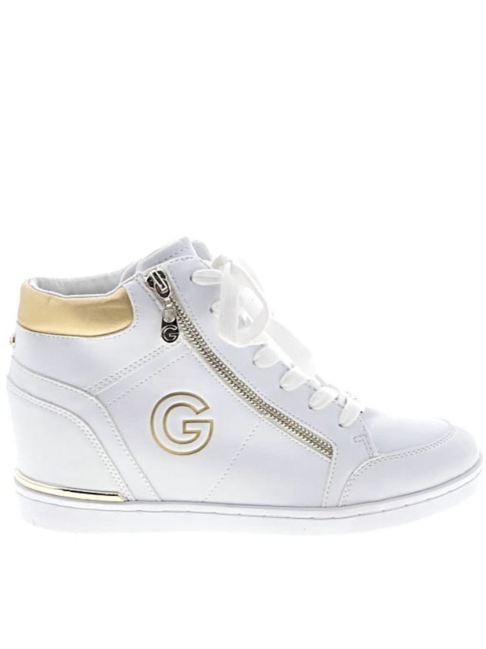 G by Guess White and Gold Wedge Sneaker